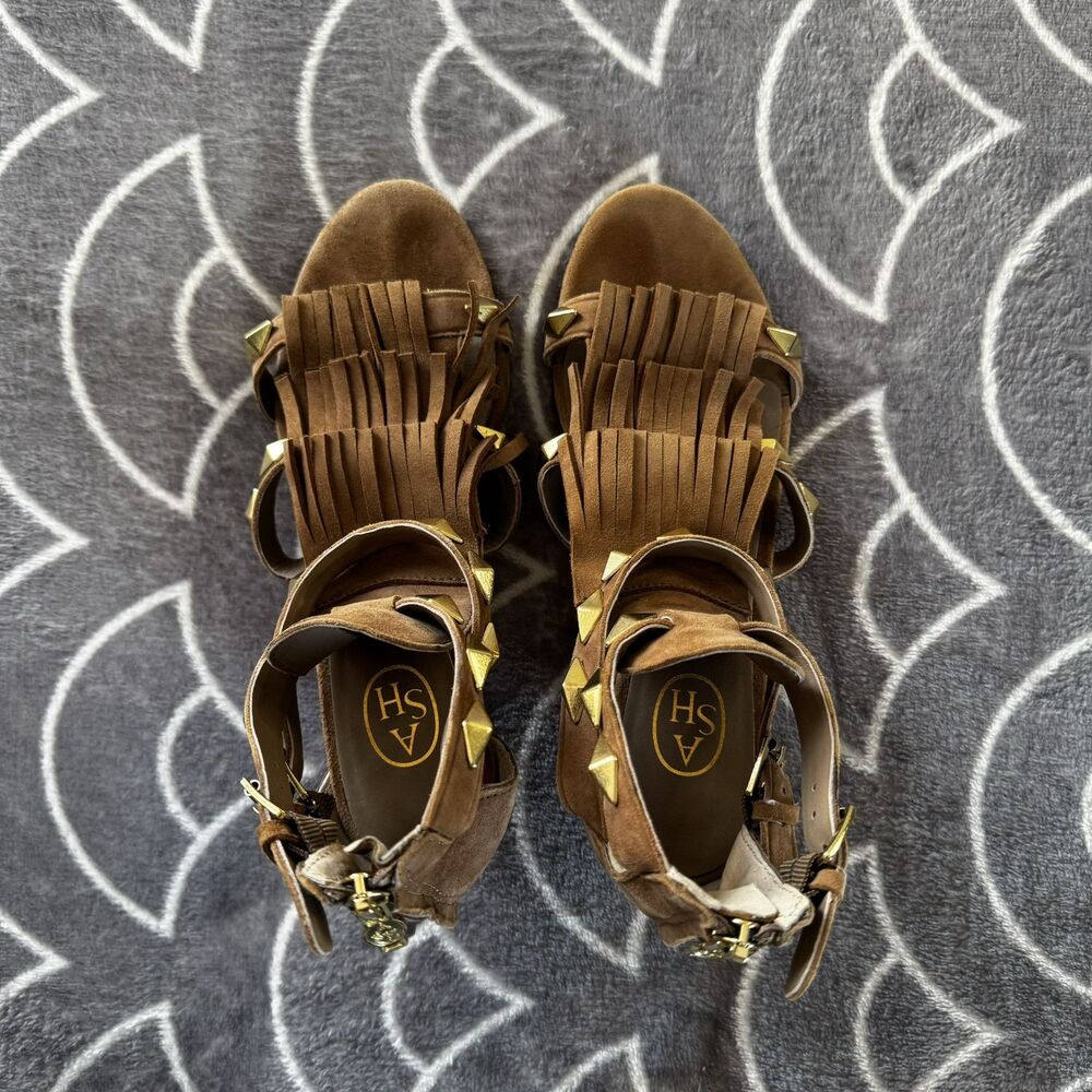 ASH Brown Suede Fringe Studded Leather Gladiator Studded Sandal Heels Sz 36 - Picture 3 of 16
